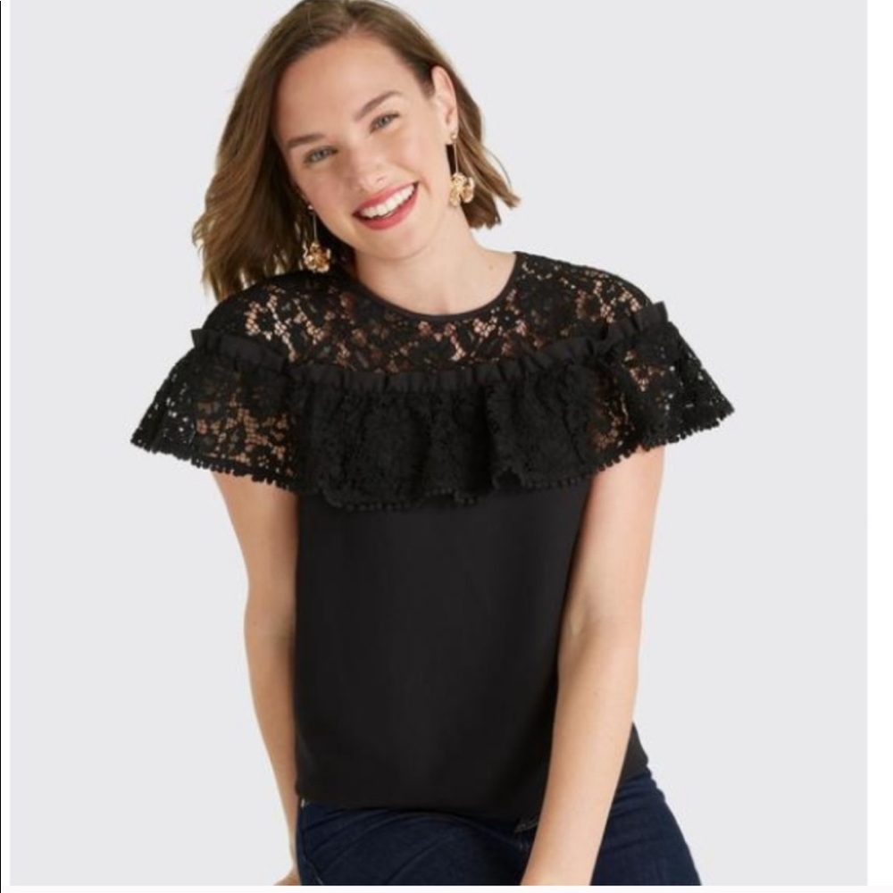 NEW • Draper James • Lace Popover Blouse Black - Picture 2 of 5